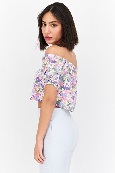 VILA Women Off Shoulder Neckline Short Sleeve Floral Print Top, Purple Combo