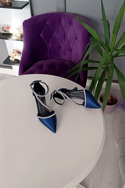 LA CALZATURE Navy Blue Satin 9cm Champagne Heeled Three Rows of Stones Accessory Stiletto Evening Dress Women's Shoes