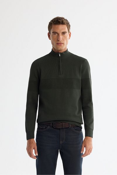 Avva Men's Khaki Zippered Stand Collar Front Texture Detailed Knitwear Sweater A42Y5031