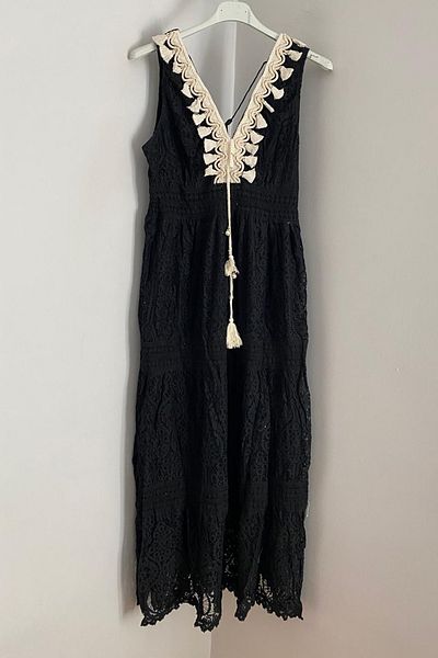 AYASOFYA OTANTIK Women's Italian Black V-Neck Tassel Strap Lined Sleeveless Long Lace Dress