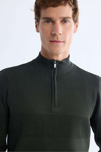 Avva Men's Khaki Zippered Stand Collar Front Texture Detailed Knitwear Sweater A42Y5031