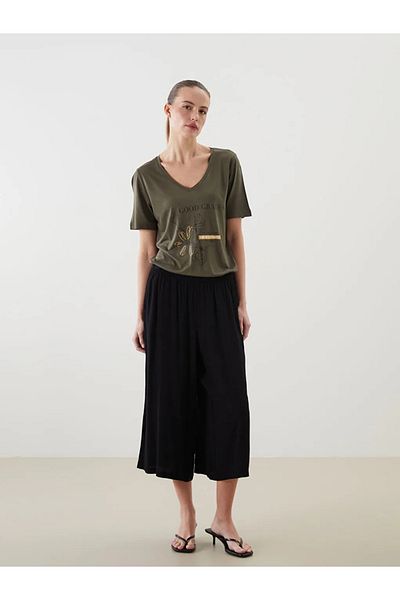 LC Waikiki Lcw Eco Khaki V-Neck Printed Women's T-Shirt