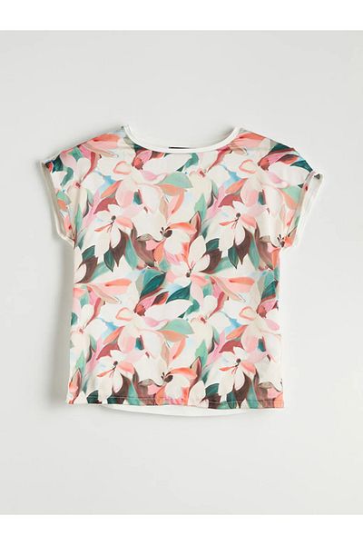 LC Waikiki Tricou de damă LCWAIKIKI Classic Bej cu decolteu cu flori