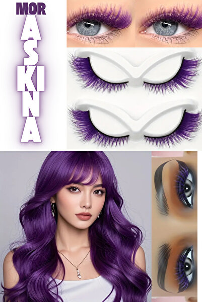 alaraycosmetics RENKLİ TAKMA KİRPİKLER 5 ÇİFT MOR CAT EYE'S ÇAPRAZ STİLLER +10 ADET YAPIŞTIRICI ŞERİT