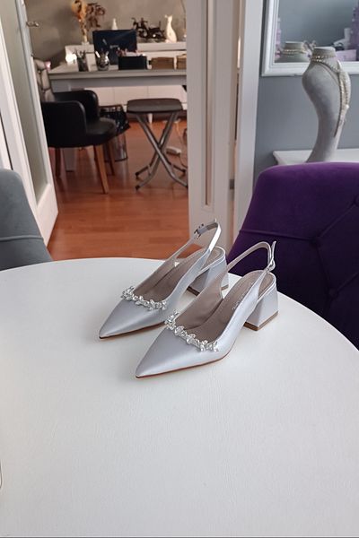 LA CALZATURE Silver Satin 6cm Thick Heeled Accessory Stone Detailed Evening Dress Women's Heeled Shoes