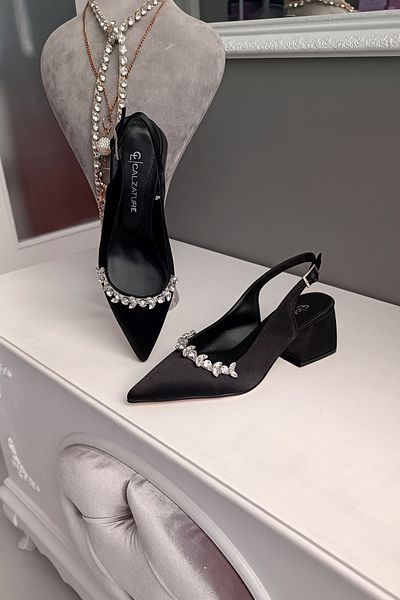 LA CALZATURE Black Satin 6cm Thick Heeled Accessory Stone Detailed Evening Dress Women's Heeled Shoes