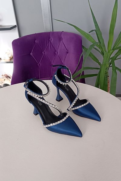LA CALZATURE Navy Blue Satin 9cm Champagne Heeled Three Rows of Stones Accessory Stiletto Evening Dress Women's Shoes