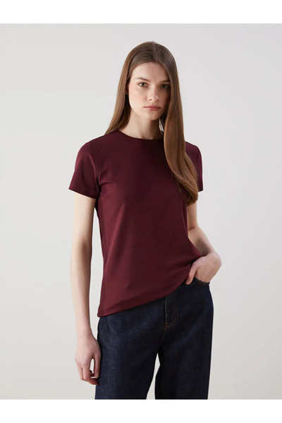 LC Waikiki تي شيرت نسائي ذو رقبة دائرية باللون العنابي من LCW Modest