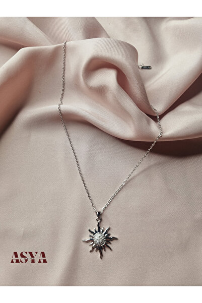 Asya Çelik Gümüş Renk Zincir Zirkon Taşlı Güneş Model Kadın Kolye