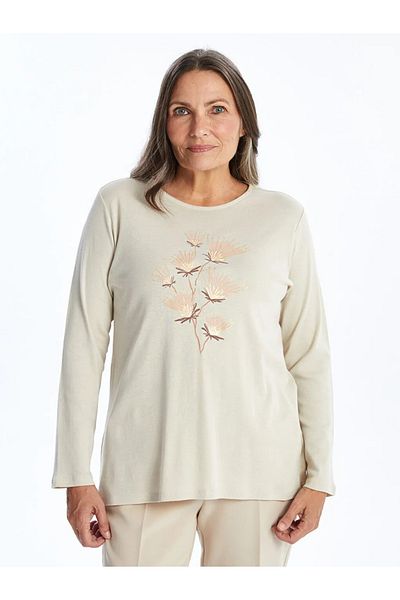 LC Waikiki Γυναικείο μπλουζάκι LCW Grace Beige Crew Neck Floral