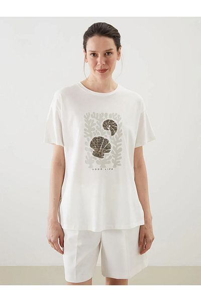 LC Waikiki Γυναικείο μπλουζάκι LCWAIKIKI Classic Ecru Crew Neck με στάμπα
