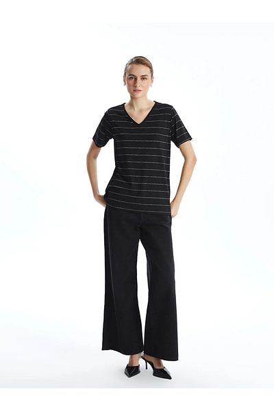 LC Waikiki Lcwaikiki Classic Black V-Neck Striped Women's T-Shirt