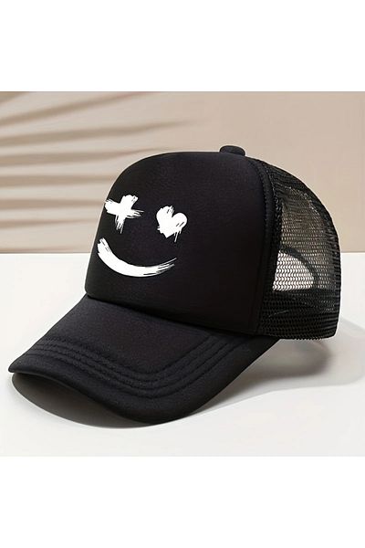 LEIVOR Усмихната емотиконна шапка с щампа на сърце и X от мрежа, черна, с щампа Snapback