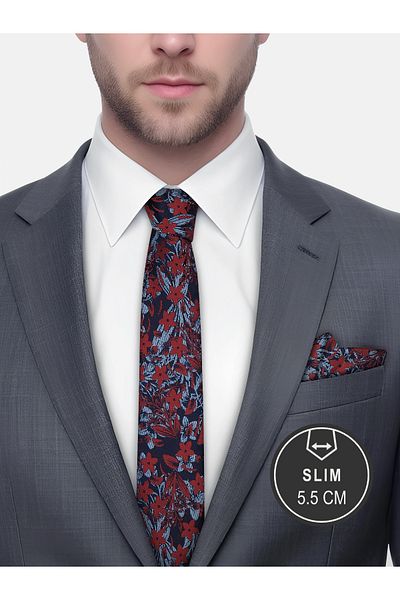 Milleniva Slim Floral Red Tie & Handkerchief