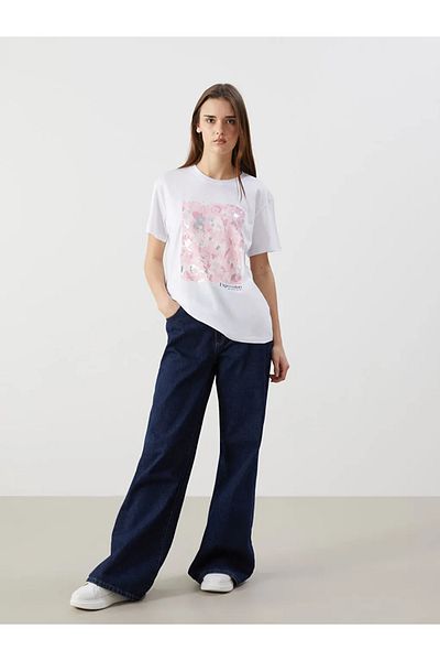 LC Waikiki Tricou de damă cu imprimeu alb cu decolteu rotund LCW Vision