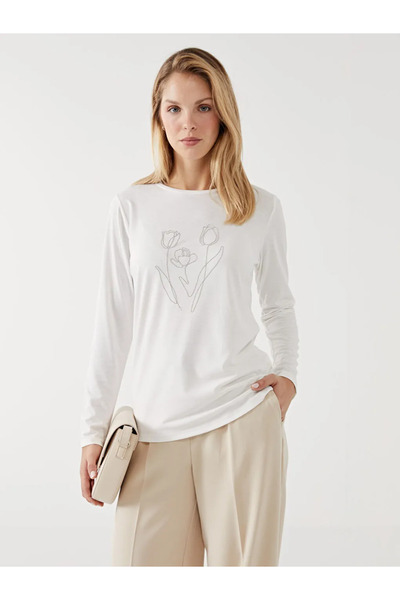 LC Waikiki Lcwaikiki Classic Ecru Crew Neck Embroidered Women's T-Shirt