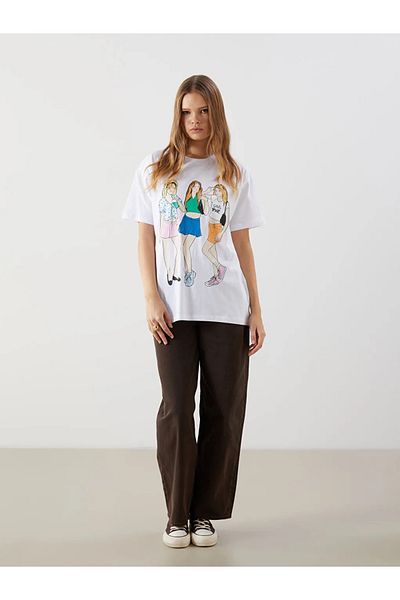 LC Waikiki Tricou de damă cu imprimeu alb cu decolteu rotund XSIDE