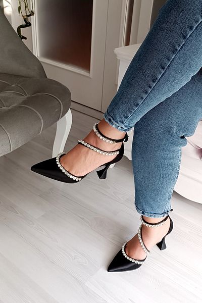 LA CALZATURE Black Satin 9cm Champagne Heeled Three Rows of Stones Accessorized Stiletto Evening Dress Women's Shoes