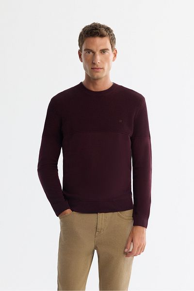 Avva Men's Claret Red Crew Neck Double Collar Detailed Textured Cotton Knitwear Sweater A42Y5190
