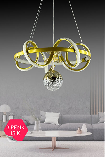 asva aydınlatma Gold Çemberli Kıvrım 3 Renk Ledli Salon Avizesi