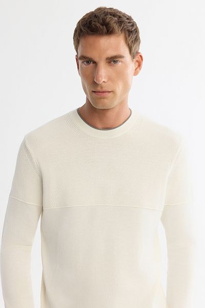 Avva Men's Ecru Crew Neck Double Collar Detailed Textured Cotton Knitwear Sweater A42Y5190