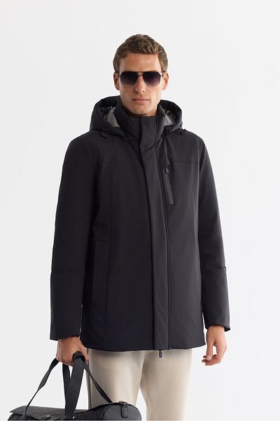 Avva Men's Black Removable Hooded Water Repellent Windproof Long Coat A42Y6151