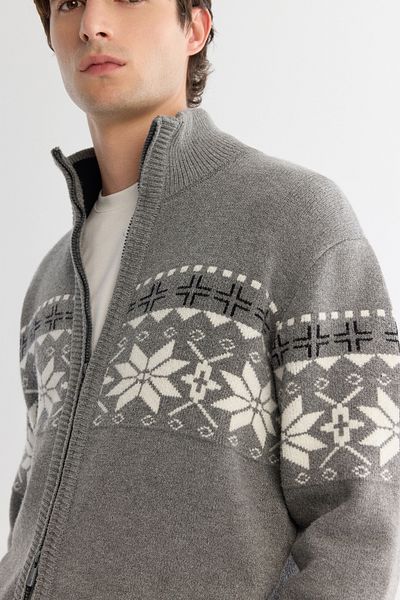 Avva Men's Gray Stand Collar Zippered Patterned Knitwear Cardigan A42Y5177