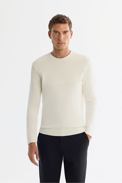 Avva Men's Ecru Crew Neck Double Collar Detailed Textured Cotton Knitwear Sweater A42Y5190