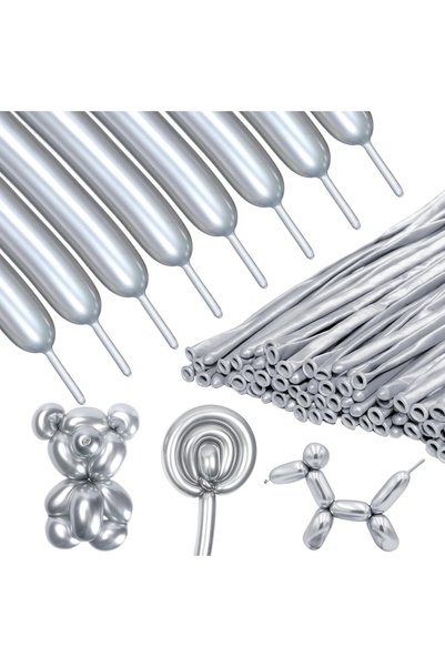 Kuzey High Quality 100Pcs Silver Sausage Balloon Metallic Silver Sausage Balloon Glossy Sausage Balloon Shape Balloon