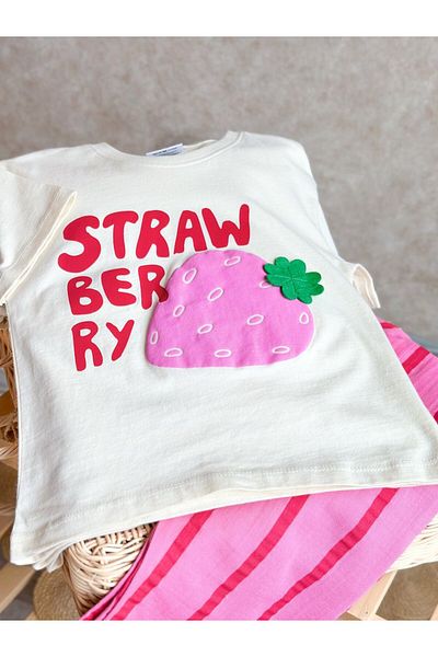 Pinkitokids Strawberry Embossed Printed 3D T-Shirt and Muslin Pants Set