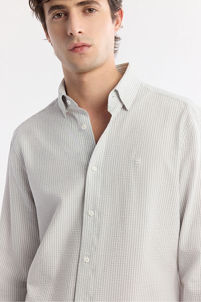 Avva Men's Gray Bottomed Brit Collar Striped Seersucker Long Sleeve Shirt A51Y2028