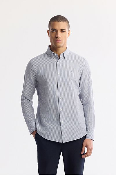 Avva Men's Navy Blue Bottomed Brit Collar Striped Seersucker Long Sleeve Shirt A51Y2028