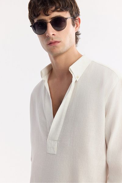 Avva Men's White Comfort Fit V-Neck Linen Blend Long Sleeve Shirt A51Y2148