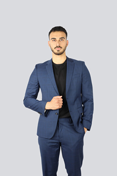 BOSS Erkek Slim Fit Yünlü Kare Desenli Yanları Yırtmaçlı Astarlı Lacivert Takım Elbise 50535023-404