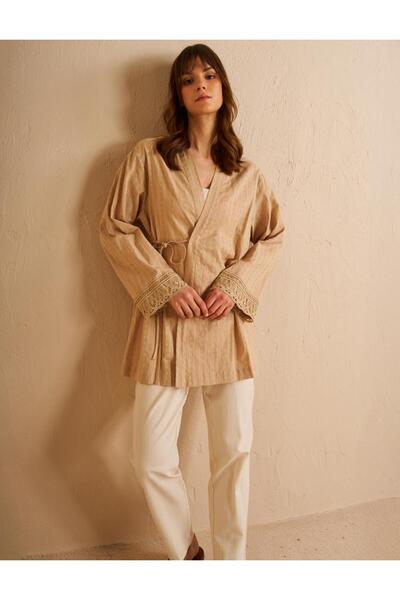 KYR 100% βαμβακερό κιμονό μπεζ με δαντέλα στον αστράγαλο