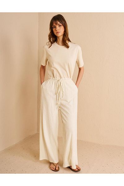 Kayra Seersucker Trousers - High Waist Ecru