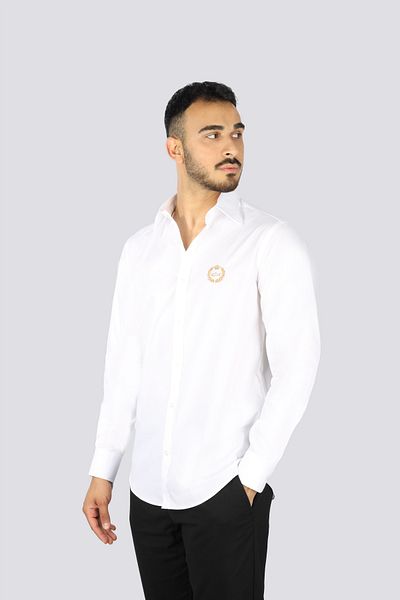 PAUL&SHARK Men's Regular Fit Long Sleeve White Goruntu Shirt on the Chest with Shark Logo 100% Cotton