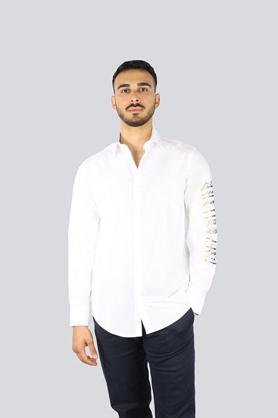 PAUL&SHARK Men's Regular Fit Long Sleeve White Shirt with Logo Print Pattern on Sleeve 25413521 -010