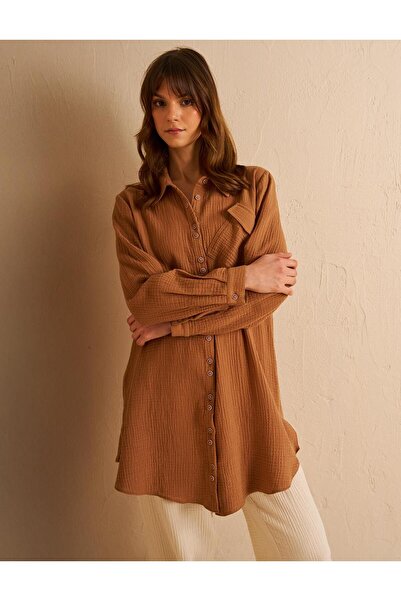 Kayra Shirt Collar Muslin Tunic Tobacco
