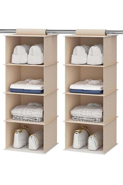 COOYA 4-Shelf Hanging Wardrobe, Set of 2, Foldable, Suitable for Wardrobe Storage, 30x30x71 Cm (Beige)