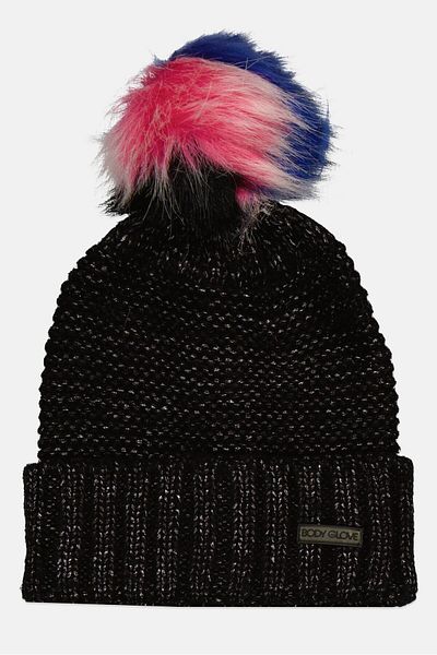 Body Glove Women Brand Logo Knitted Beanie Hat With Pom Pom, Black