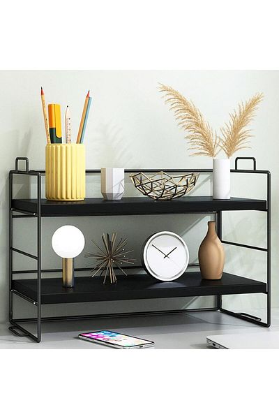 COOYA 2 Tier Desktop Shelves,Rust-Proof,Wood Desktop Shelf,Adjustable Desktop,for Home Office,Black