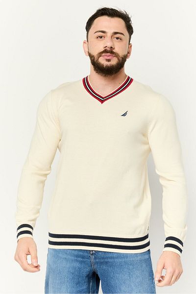 Nautica Men V Neck Embroidered Logo Sweater, Off White