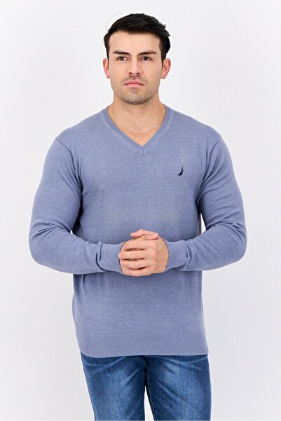 Nautica Men V Neck Embroidered Logo Sweater, Steel Blue