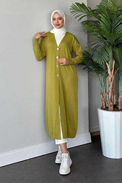 Hazamoda سترة طويلة من الخيوط الباردة باللون الأخضر الزيتي