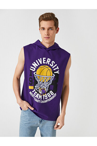 Koton تي شيرت جامعي بغطاء للرأس كبير الحجم بدون أكمام مطبوع عليه كرة السلة بدون أكمام