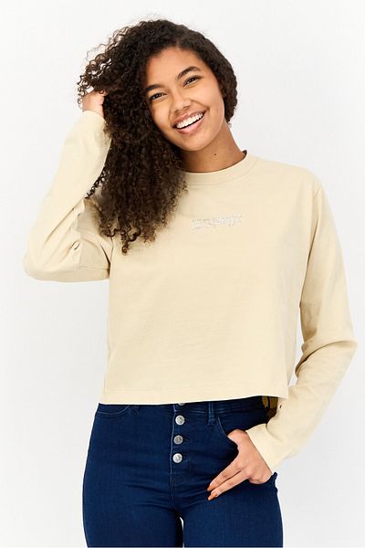 Esprit Women Crew Neck Long Sleeve Brand Logo Top, Beige