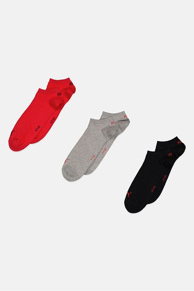 Puma Men 3 Pair Brand Logo Sneaker Socks, Red/Black/Grey