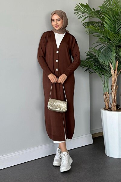 Hazamoda سترة صوفية طويلة باللون البني