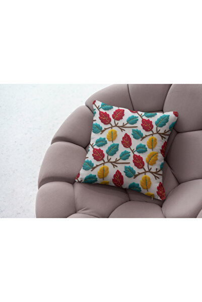 Ahsen Dekoratif Embroidery Patterned Autumn Leaf Themed Digital Printed Luxury Velvet 4-Piece Throw Pillow Cover Set